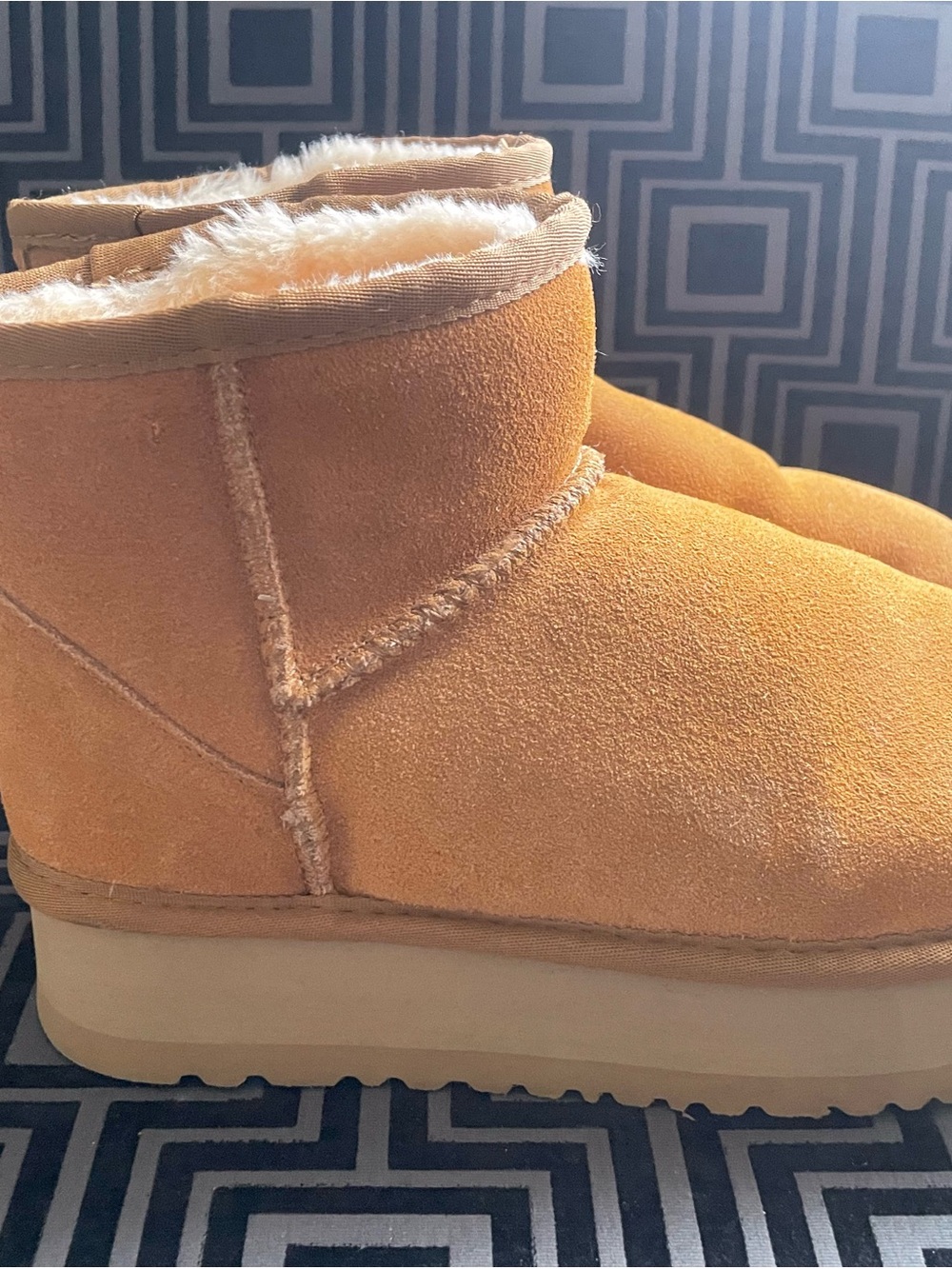 UGG Short Platform Suede Shearling Ankle Boots - Chestnut Tan
